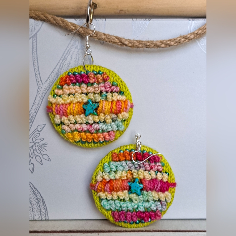 Hand Crafted Multicolor Crochet Round Earrings with Teal Star Accent - Picture 11 of 16